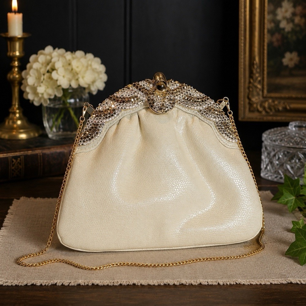 Elan Ivory Evening Clutch Rhinestone Crystal Purse Gold Chain Wedding Bag